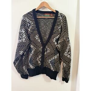 Vintage Oakton Limited Men's Cardigan Sweater Black White Leather Accents Size L